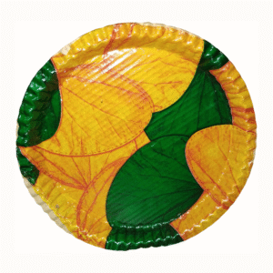 Multi color printed disposable buffet plate made of 100 GSM paper, ideal for parties, events, and catering use.