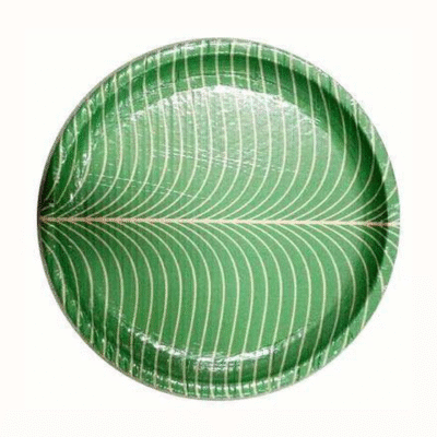 Green leaf printed disposable buffet plate made of 80 GSM food-grade paper, eco-friendly and leak-proof, perfect for parties, events, and catering.
